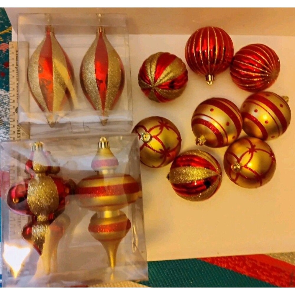 Vintage Glass Christmas Ornaments 14 Pc Lot Red Gold Finial Teardrop Boxed as-is
